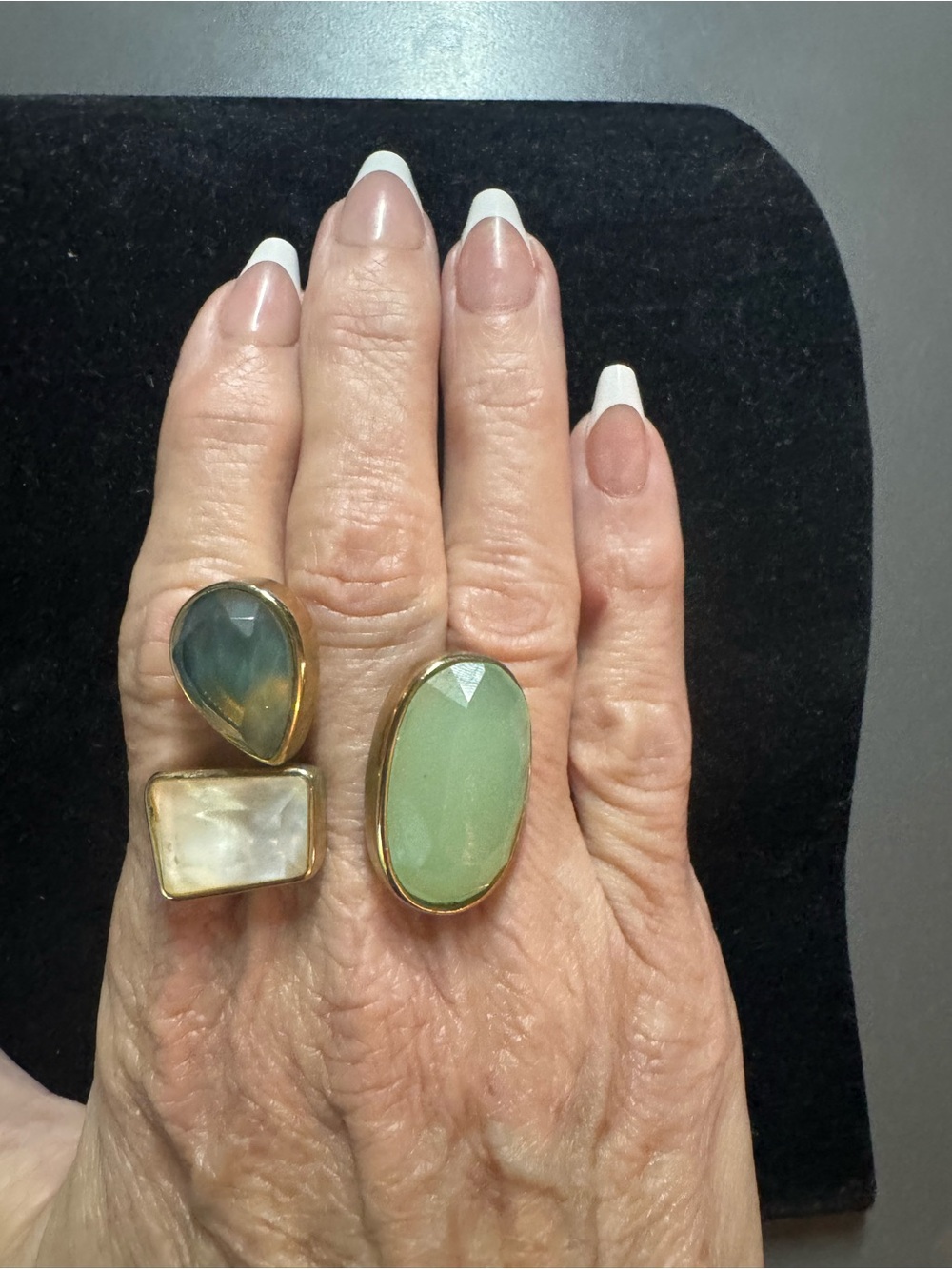 henri bendel Gold Ring with Green and Labadorite and white quartz Stones